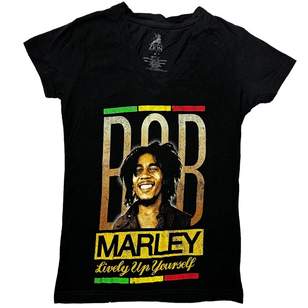 Zion Rootswear Bob Marley Lively Up Yourself V-Neck Graphic T-Shirt Women’s M